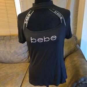 Bebe Black Rhinestone Logo Cutout Top NWT Size L